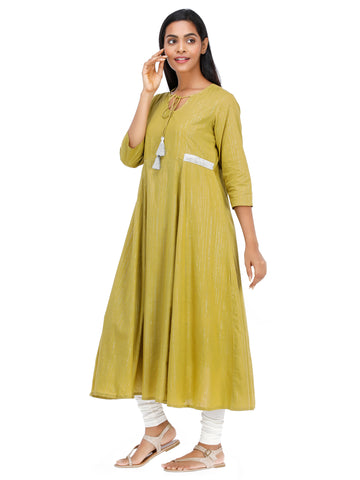 Women Woven Cotton Voile Lurex Khakhi Flared Kurta