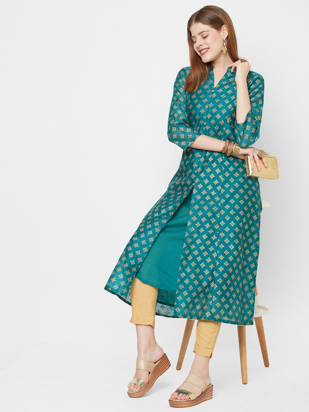 Women Layered Woven Chanderi Green Kurta