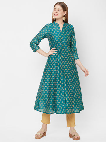 Women Layered Woven Chanderi Green Kurta
