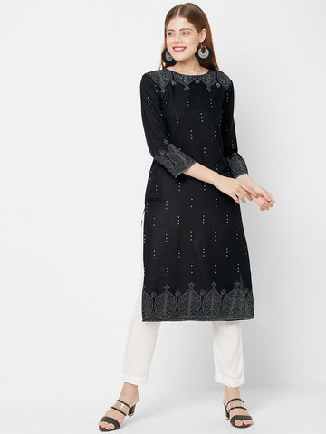 Women Woven Rayon Printed Black Kurta