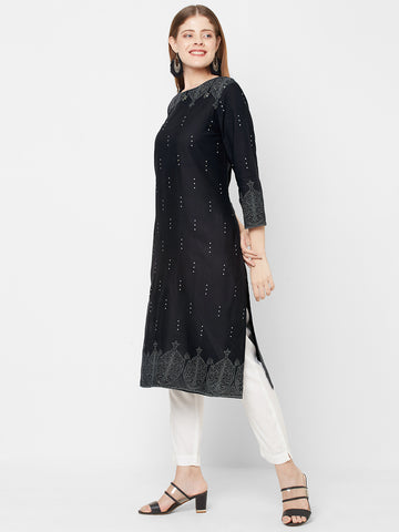 Women Woven Rayon Printed Black Kurta