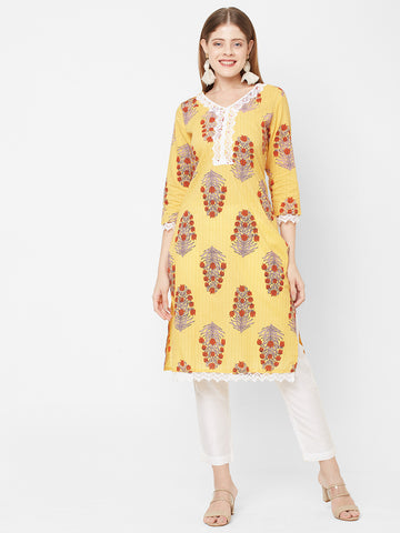Women Woven Cambric Lave Border Yellow Kurta