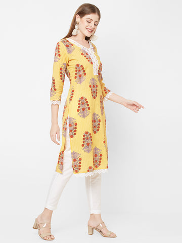 Women Woven Cambric Lave Border Yellow Kurta