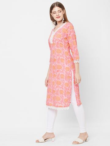 Women Floral Printed Woven Cambric Lace Work Kurta