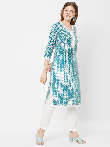 Women Lace Work Woven Cambric Zig Zag Blue Kurta
