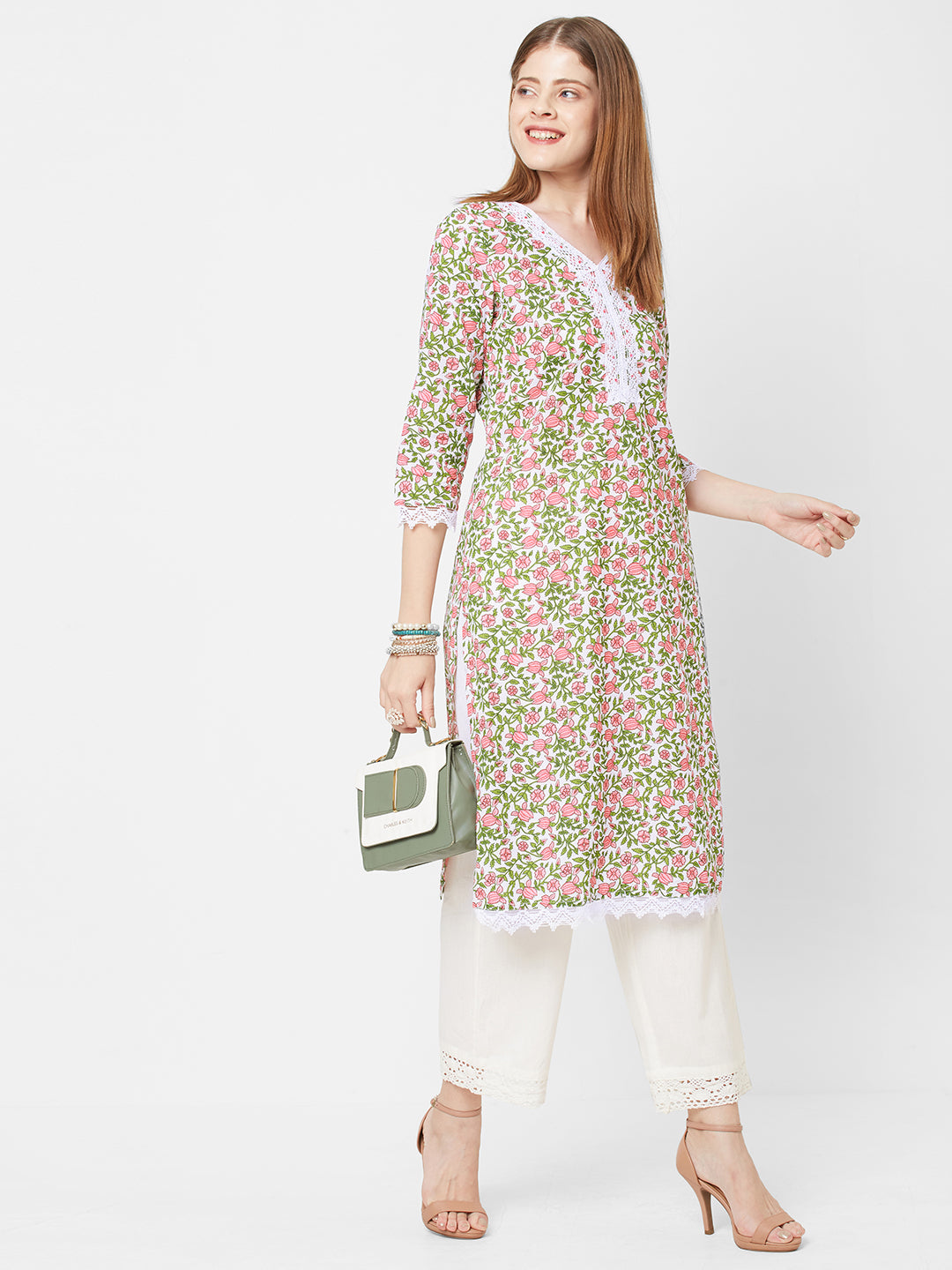 Women Woven Cambric Floral Printed Multicolour Kurta