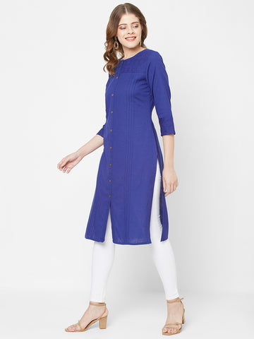 Women Front Slit Woven Cotton Straight Fit Navy Kurta