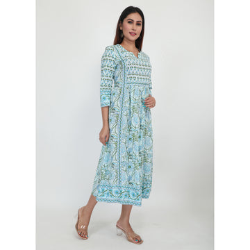 Women Printed Woven Cambric Sea Green Gather Kurta