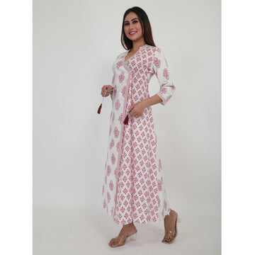Women Woven Cambric Printed Angrakha Kurta with Tassels