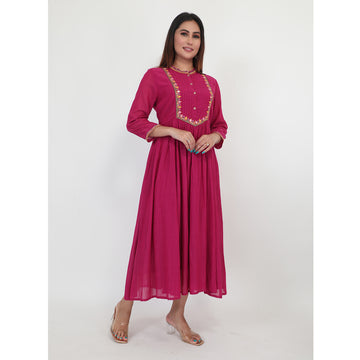 Women Woven Tery Voile Mauve Gather Flared Kurta