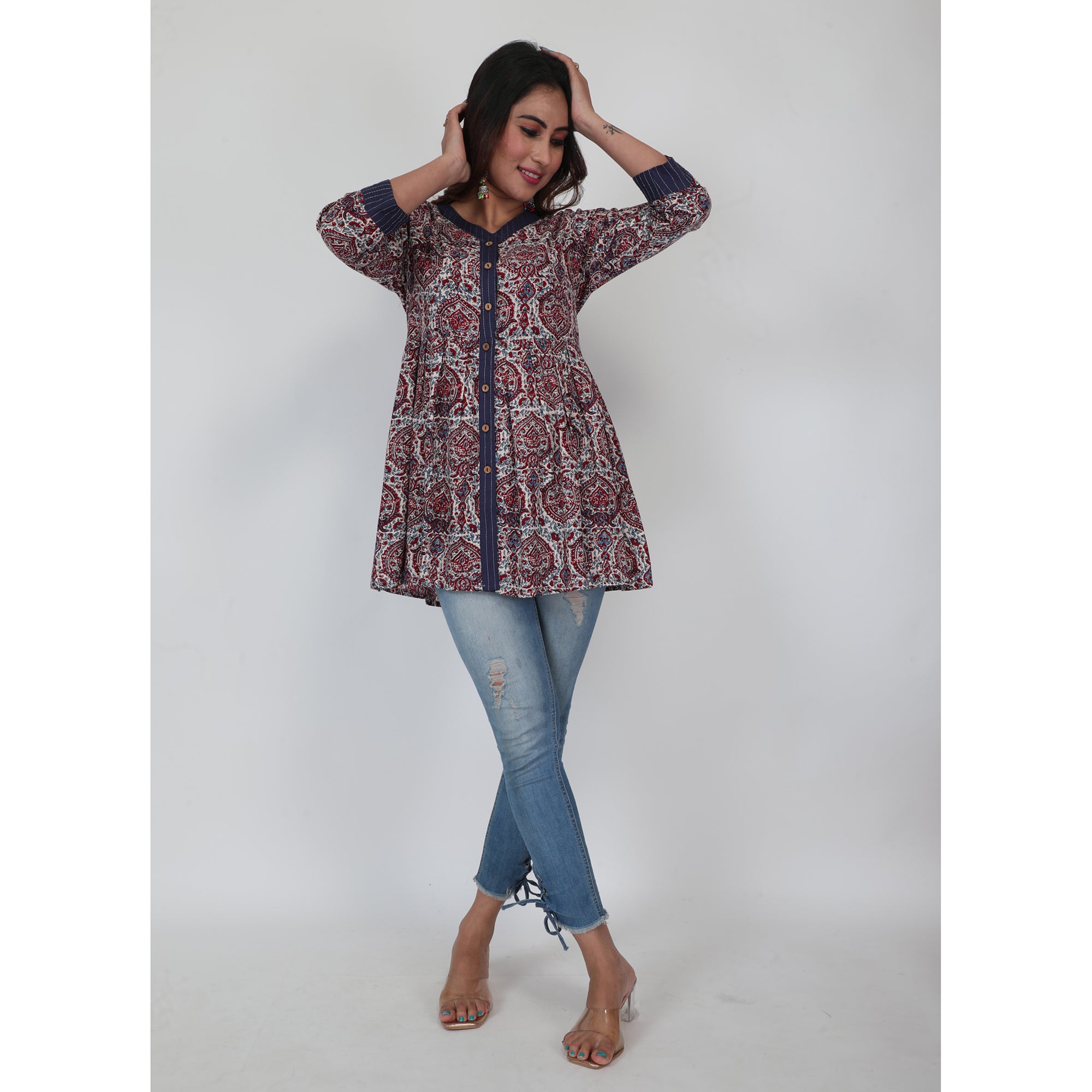 Women Woven Rayon Printed Button Top