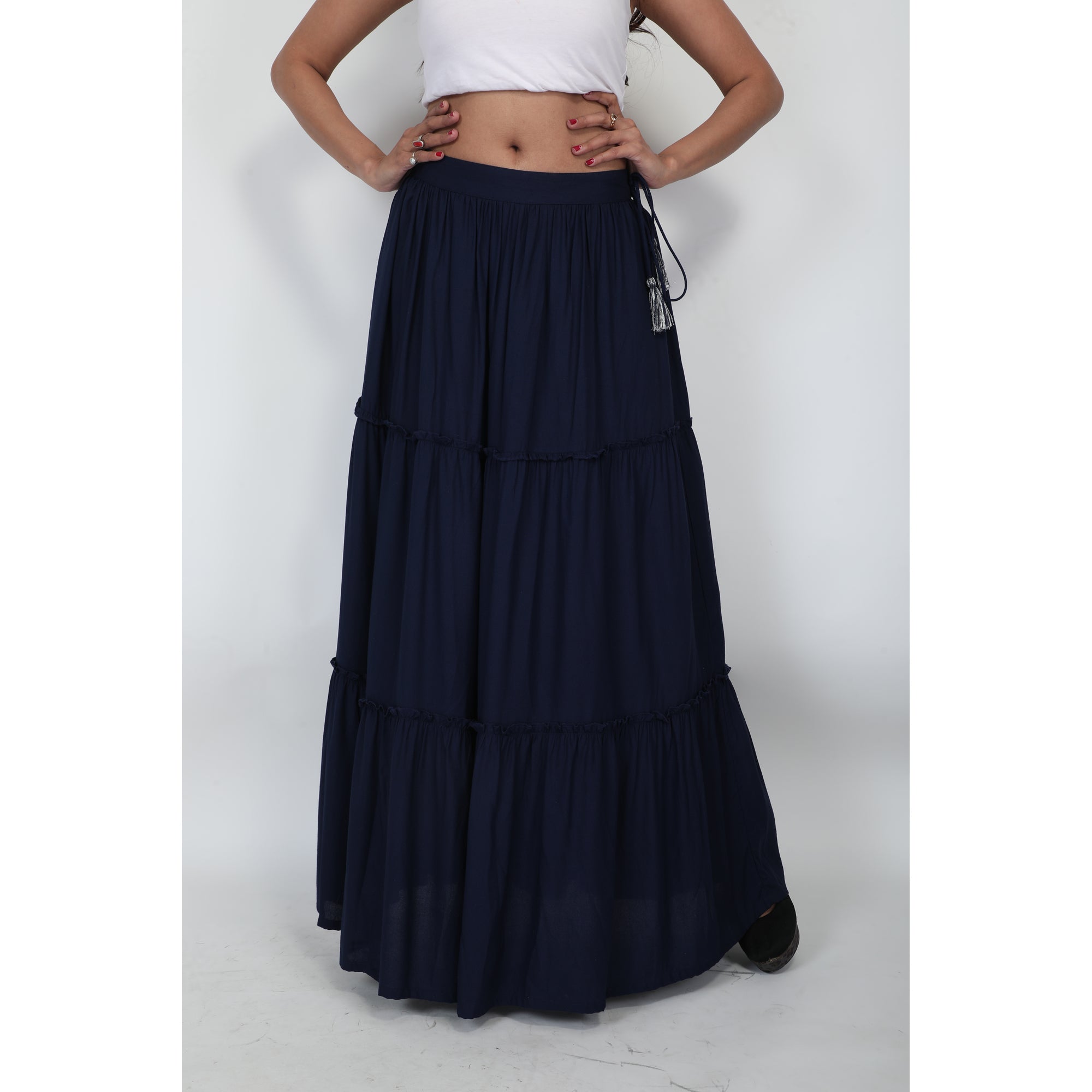 Womens Woven Rayon Navy Flared Skirt