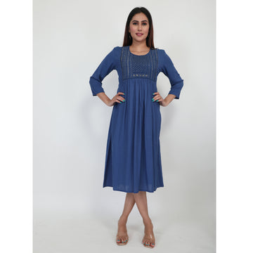Women Woven Rayon Gather Blue Kurta