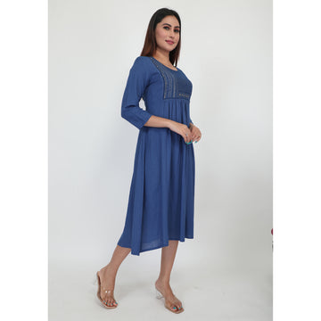 Women Woven Rayon Gather Blue Kurta