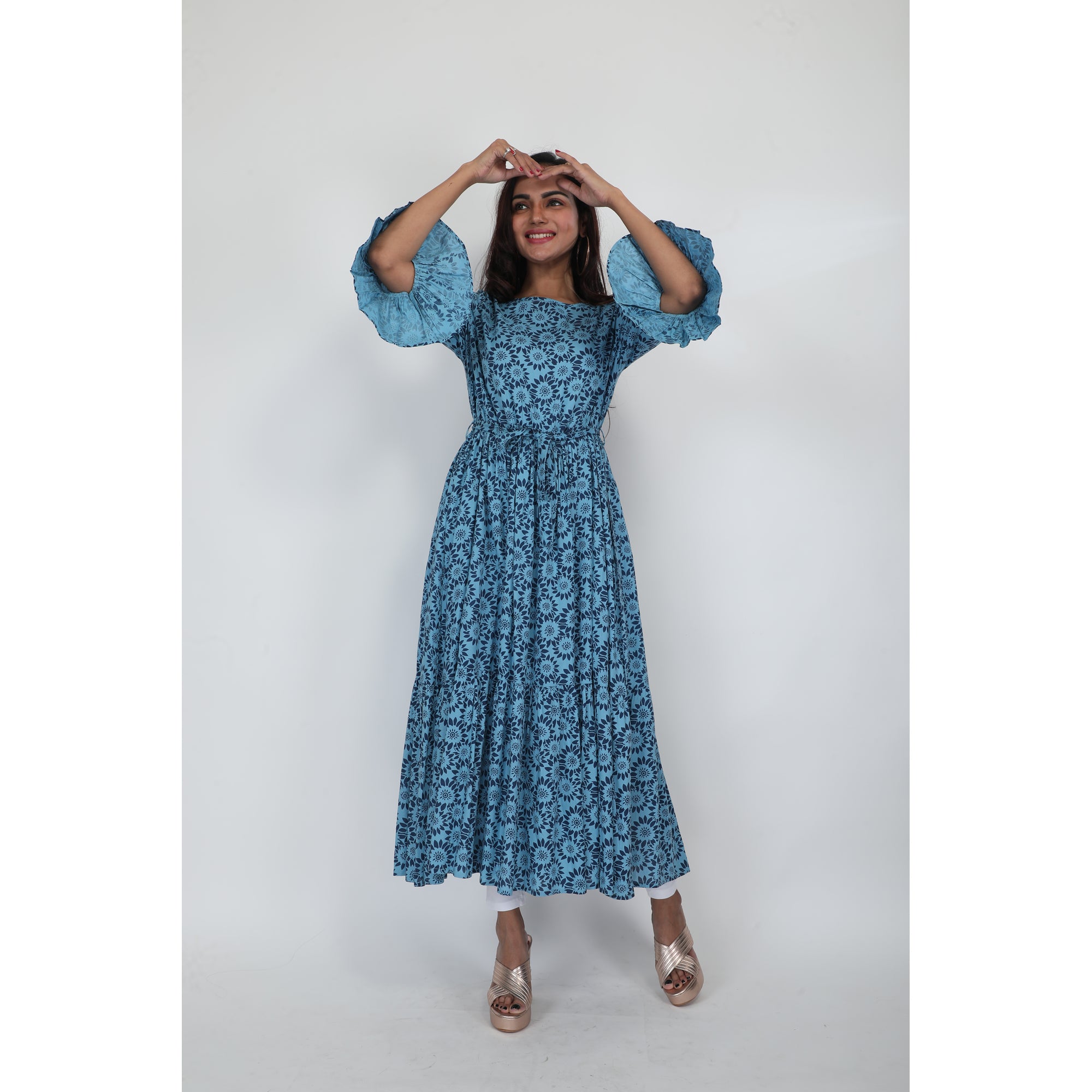 Women Woven Rayon Blue Printed Dress