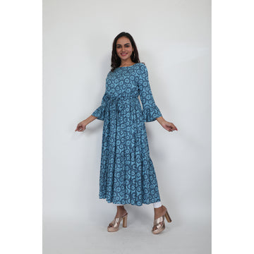 Women Woven Rayon Blue Printed Dress