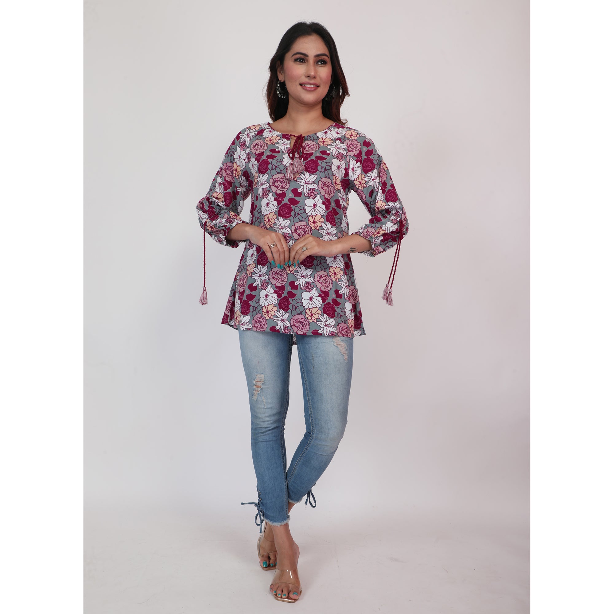 Women Woven Rayon Olive Floral Printed Top