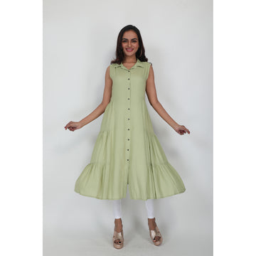 Women Woven Rayon Olive Flared Dress