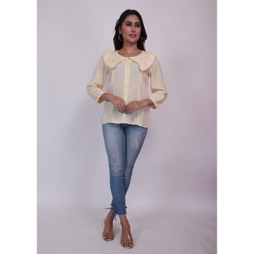 Women Woven Rayon Slub Cream Causal Top