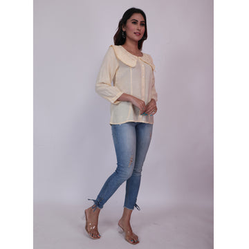 Women Woven Rayon Slub Cream Causal Top