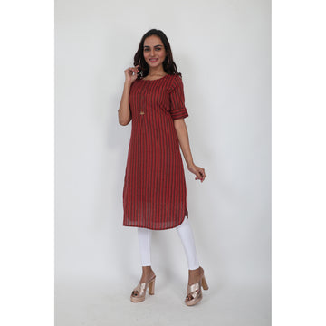 Women Woven Cotton Stripe Printed Elbow Sleeves Causal Kurta