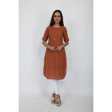 Women Woven Cotton Elbow Sleeves Kurta