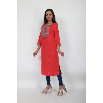 Women Woven Blend Sleeves Orange Embroidered Kurti