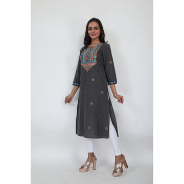 Women Woven Blend Grey Embroidered Kurta