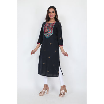 Women Woven Blend Navy Embroidered Kurta
