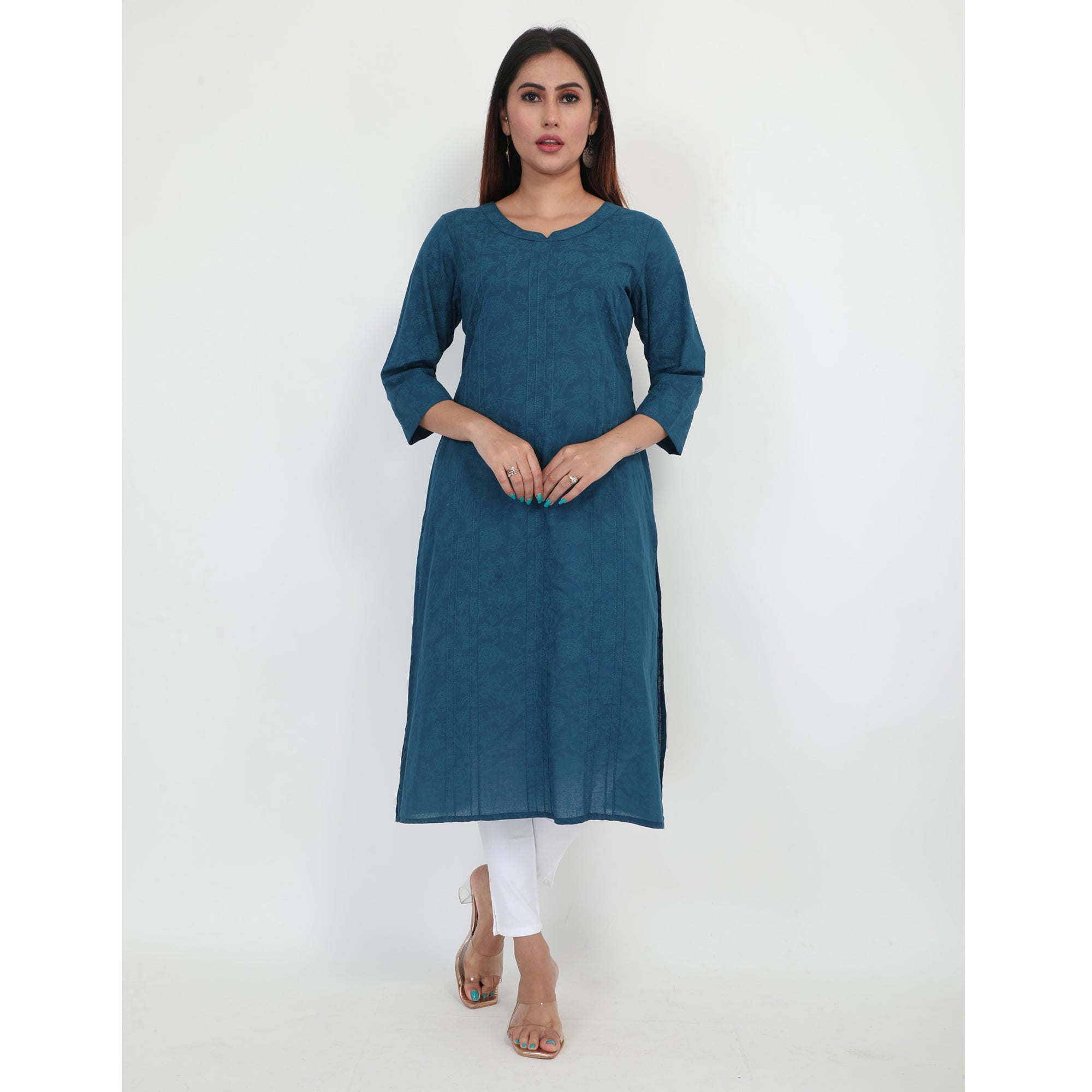 Women Woven Cambric Printed Teal Kurta