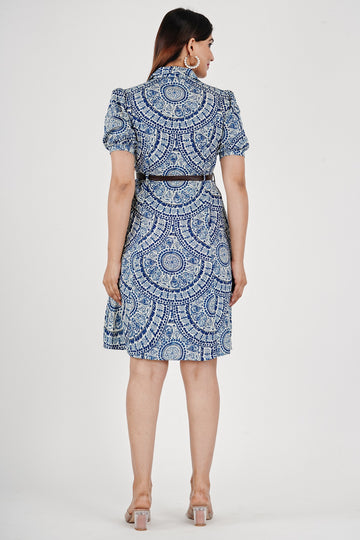 Women's Rayon Printed Elbow Sleeves Blue Dress with Belt