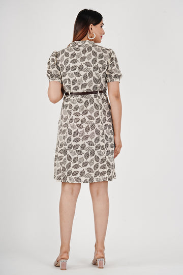 Women's Rayon Printed Elbow Sleeves Brown Dress with Belt