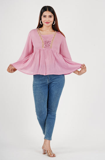 Women's Rayon Crape Embroidered 3/4 Sleeves Pink Top