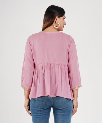 Women's Rayon Crape Embroidered 3/4 Sleeves Pink Top