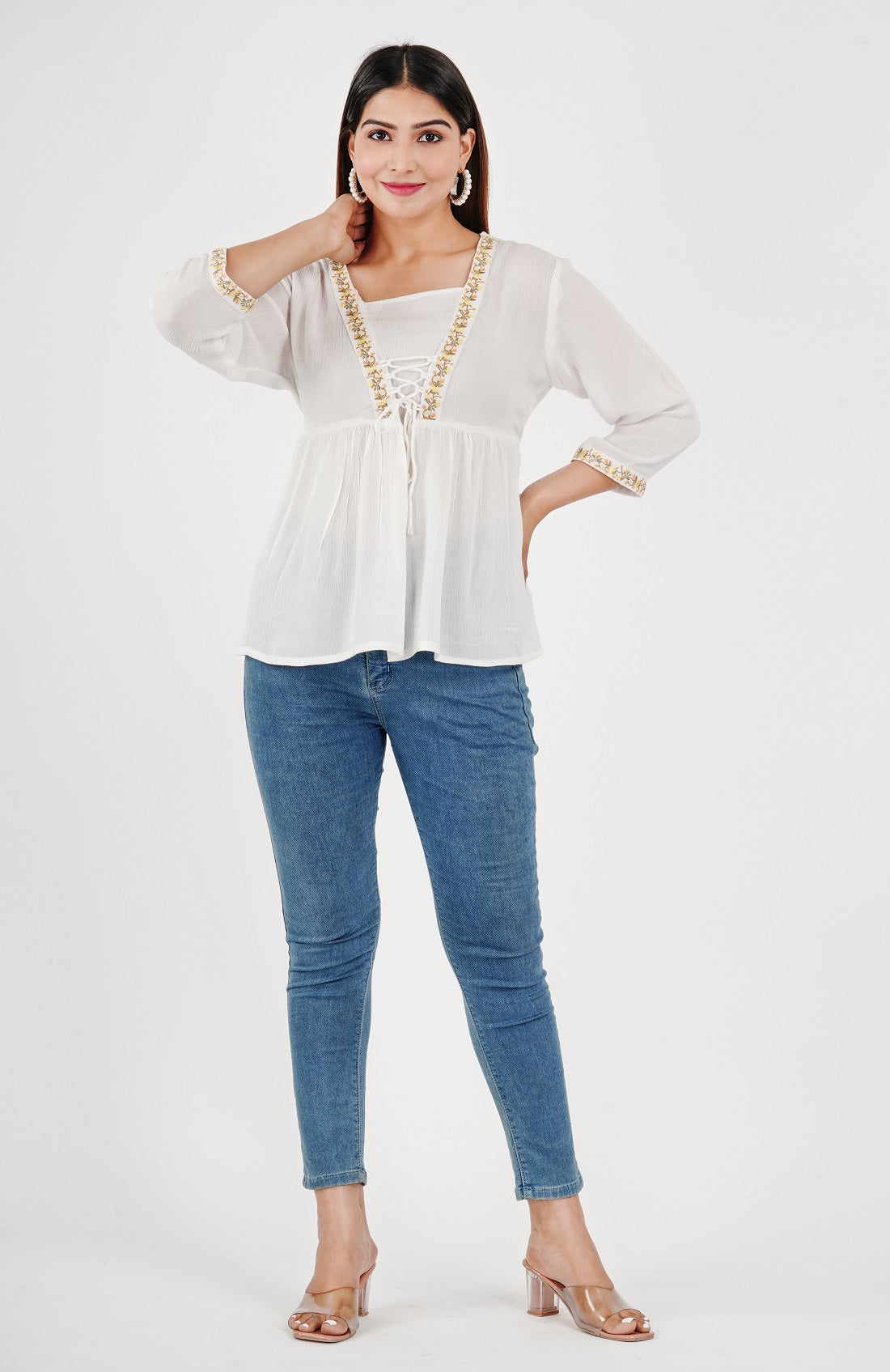 Women's Rayon Crape Embroidered White Top
