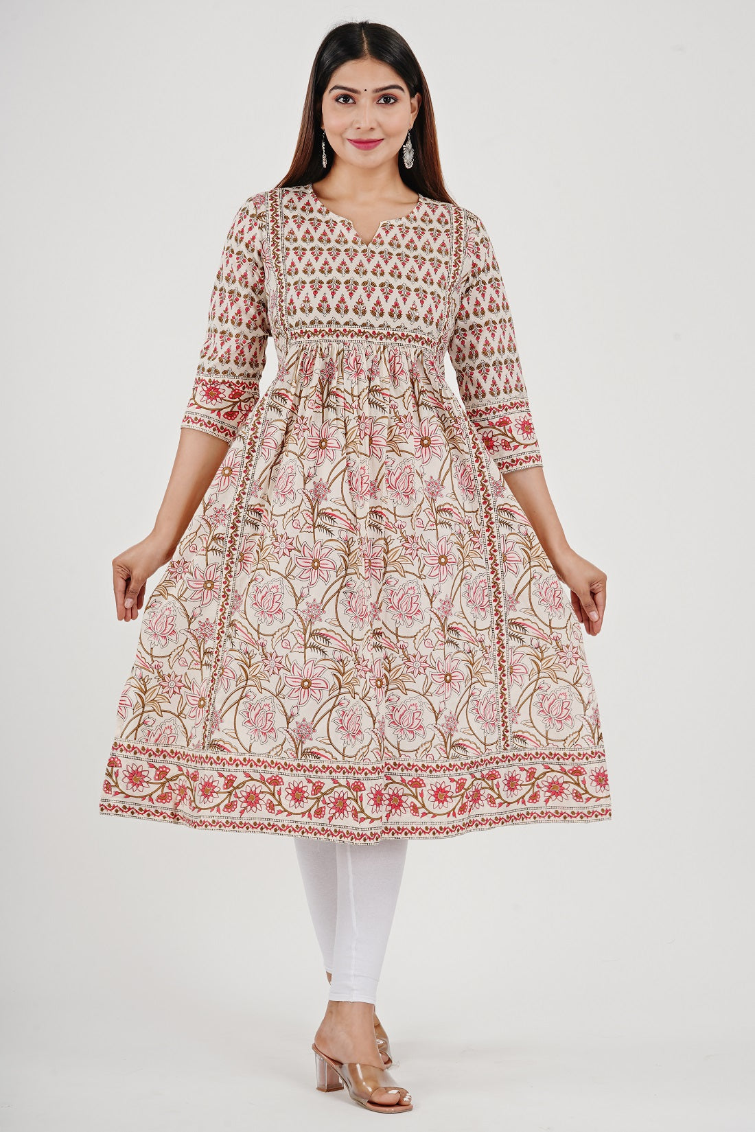 Women's Cotton Floral Printed Peach A-line Kurti