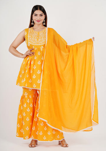 Women's Rayon Embroidered Orange Kurta Sharara with Dupatta Set