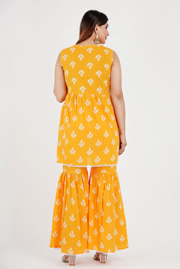 Women's Rayon Embroidered Orange Kurta Sharara with Dupatta Set