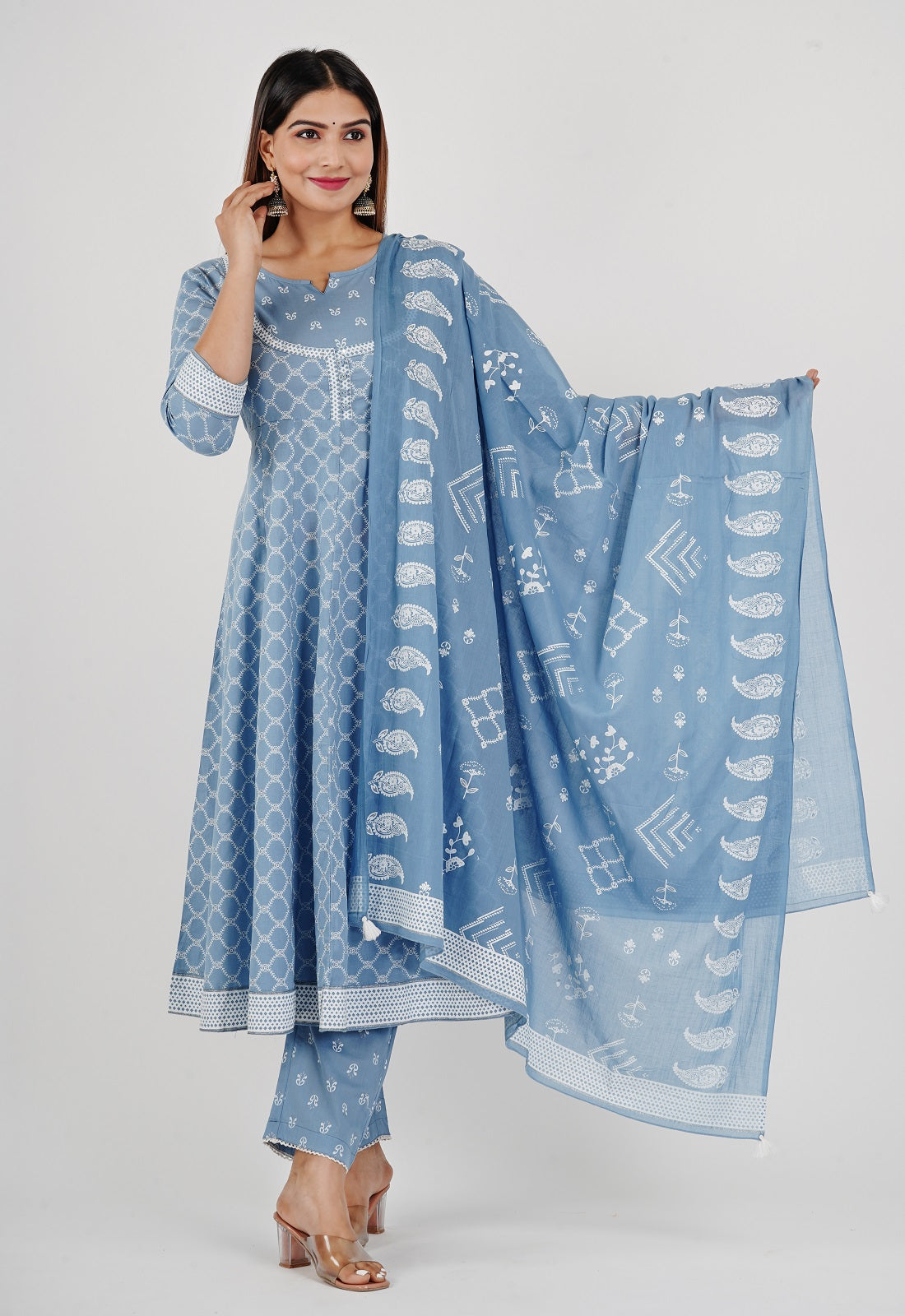 Women's Cotton Printed Sky Blue Anarkali Kurta Pant with Dupatta