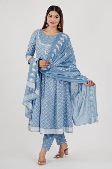 Women's Cotton Printed Sky Blue Anarkali Kurta Pant with Dupatta