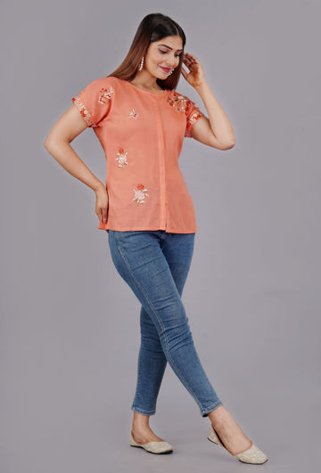 Women Woven Cotton Slub Short Sleeve Rust Top