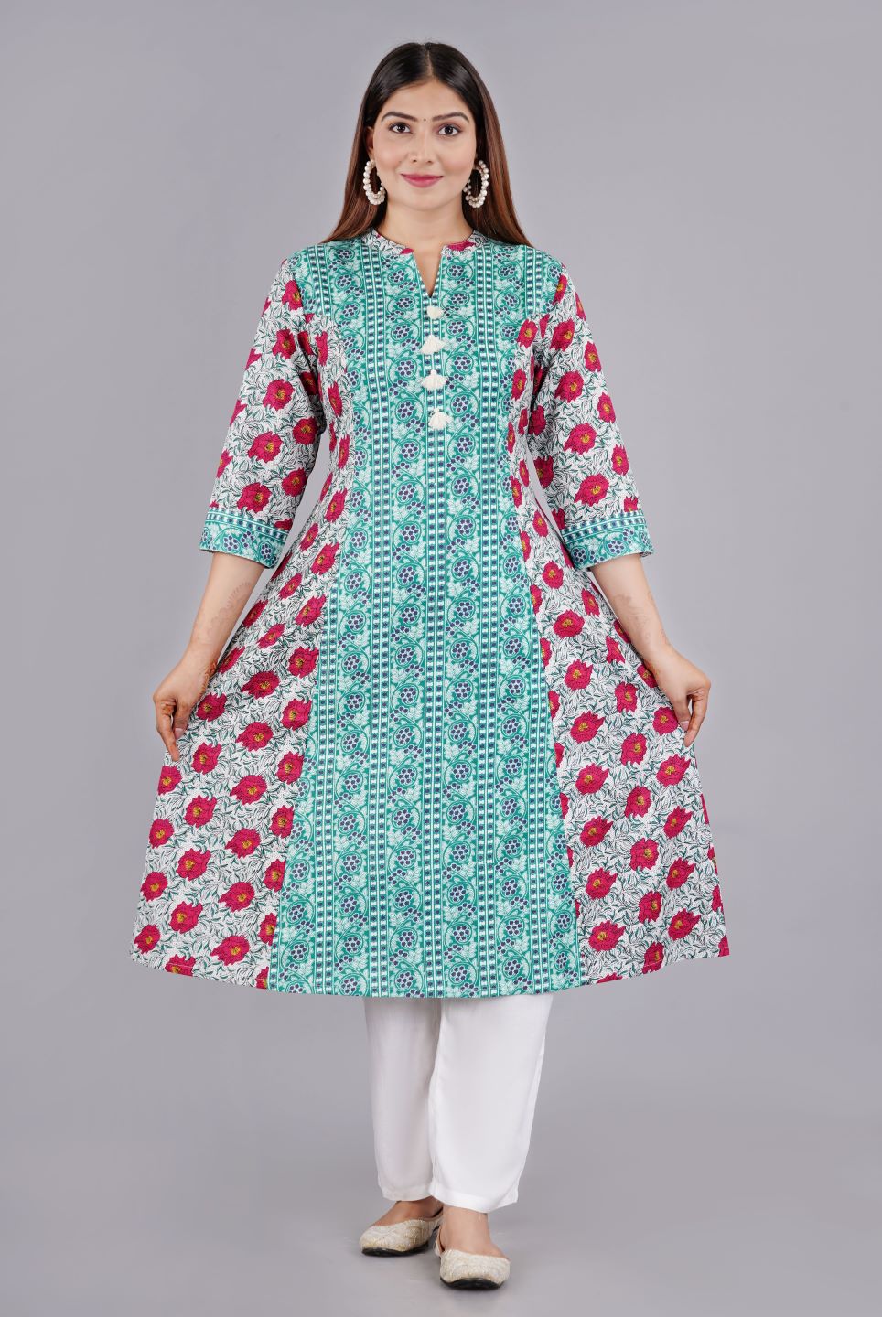 Women Woven Cotton Flex Multicolor Printed Aline Kurta