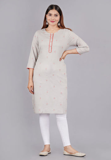 Women Floral Embroidered Straight Woven Rayon Grey Kurta
